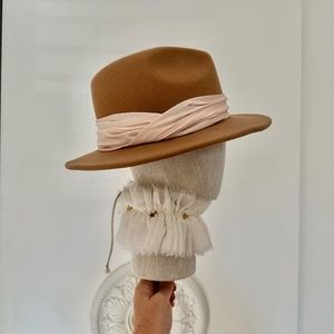 Eugenia Kim wool camel with pink satin fedora